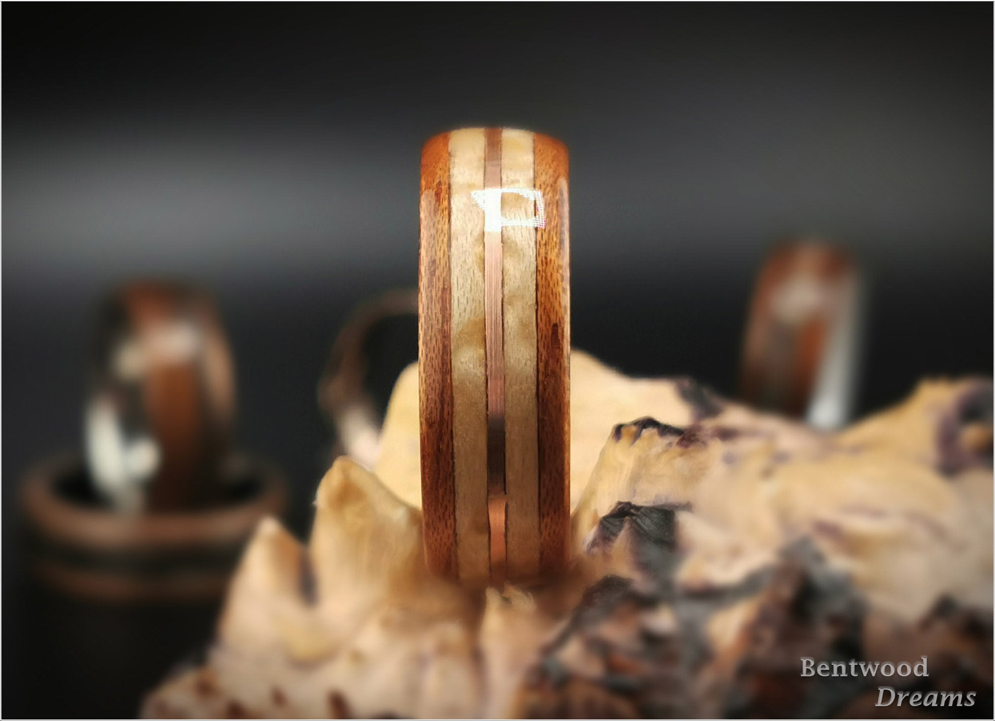 Bentwood Ring: Quartersawn Spanish Cedar, Birdseye Maple and Copper Wire, Deer Antler core