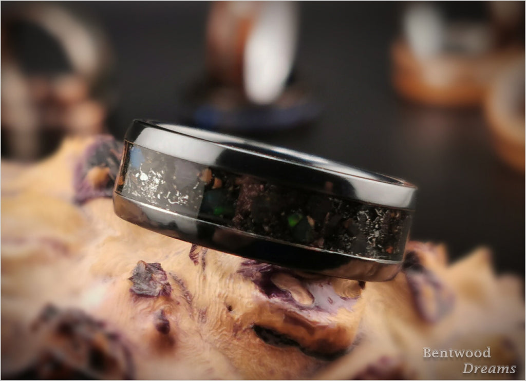 Meteorite Zirconium Ring, Dino Bone, Welo Opal Inlay