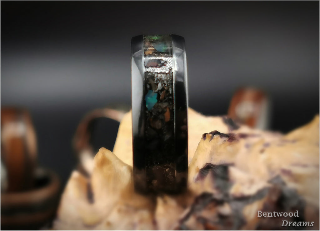 Meteorite Zirconium Ring, Dino Bone, Welo Opal Inlay