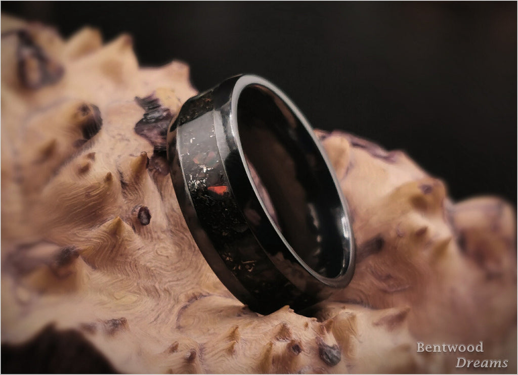 Meteorite Zirconium Ring, Dino Bone, Welo Opal Inlay