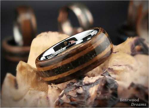 Bentwood Ring: Bocote, inlaid Hawaiian Koa and Canyon Diablo Meteorite, White Tungsten core