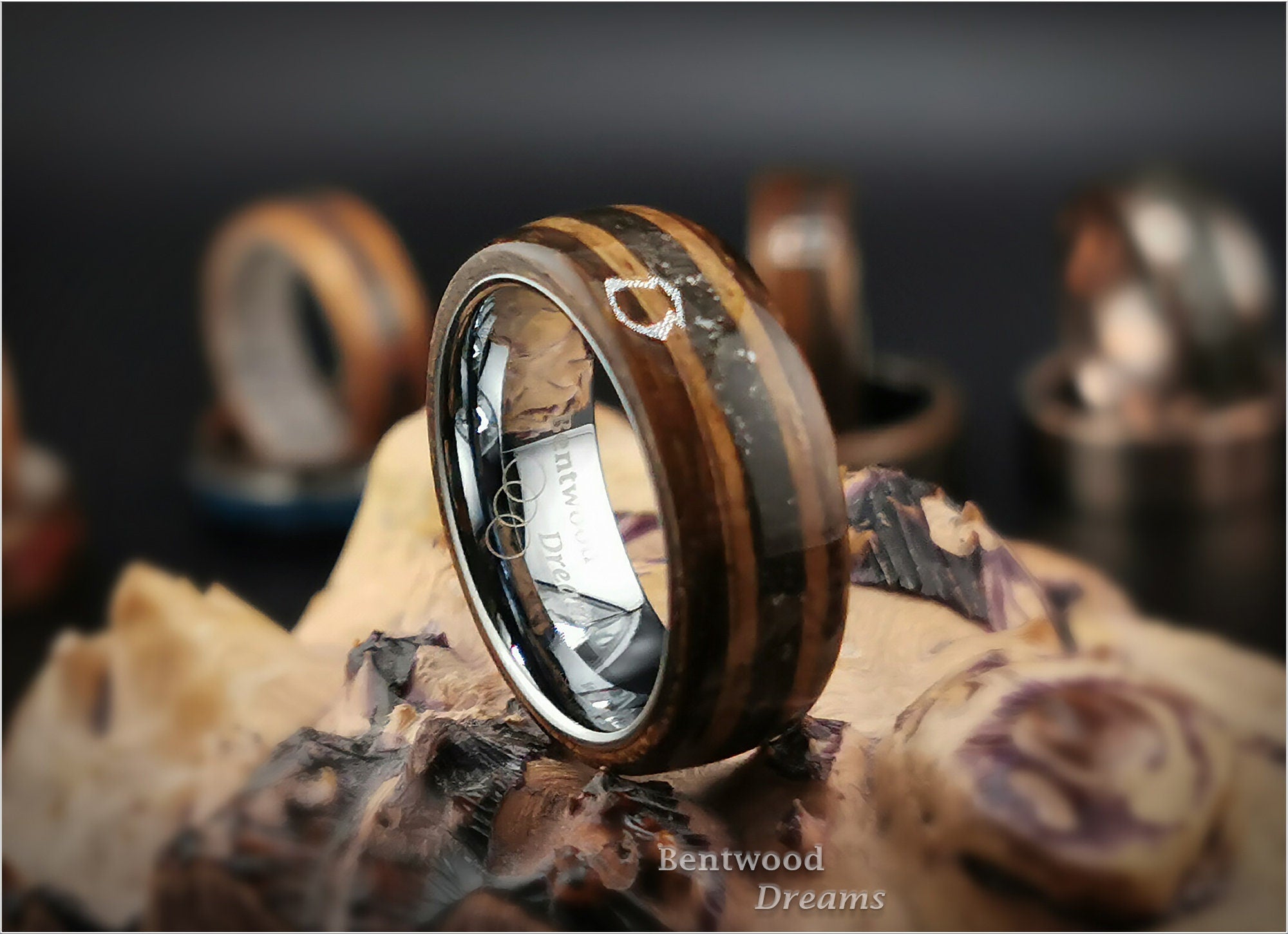 Bentwood Ring: Bocote, inlaid Hawaiian Koa and Canyon Diablo Meteorite, White Tungsten core
