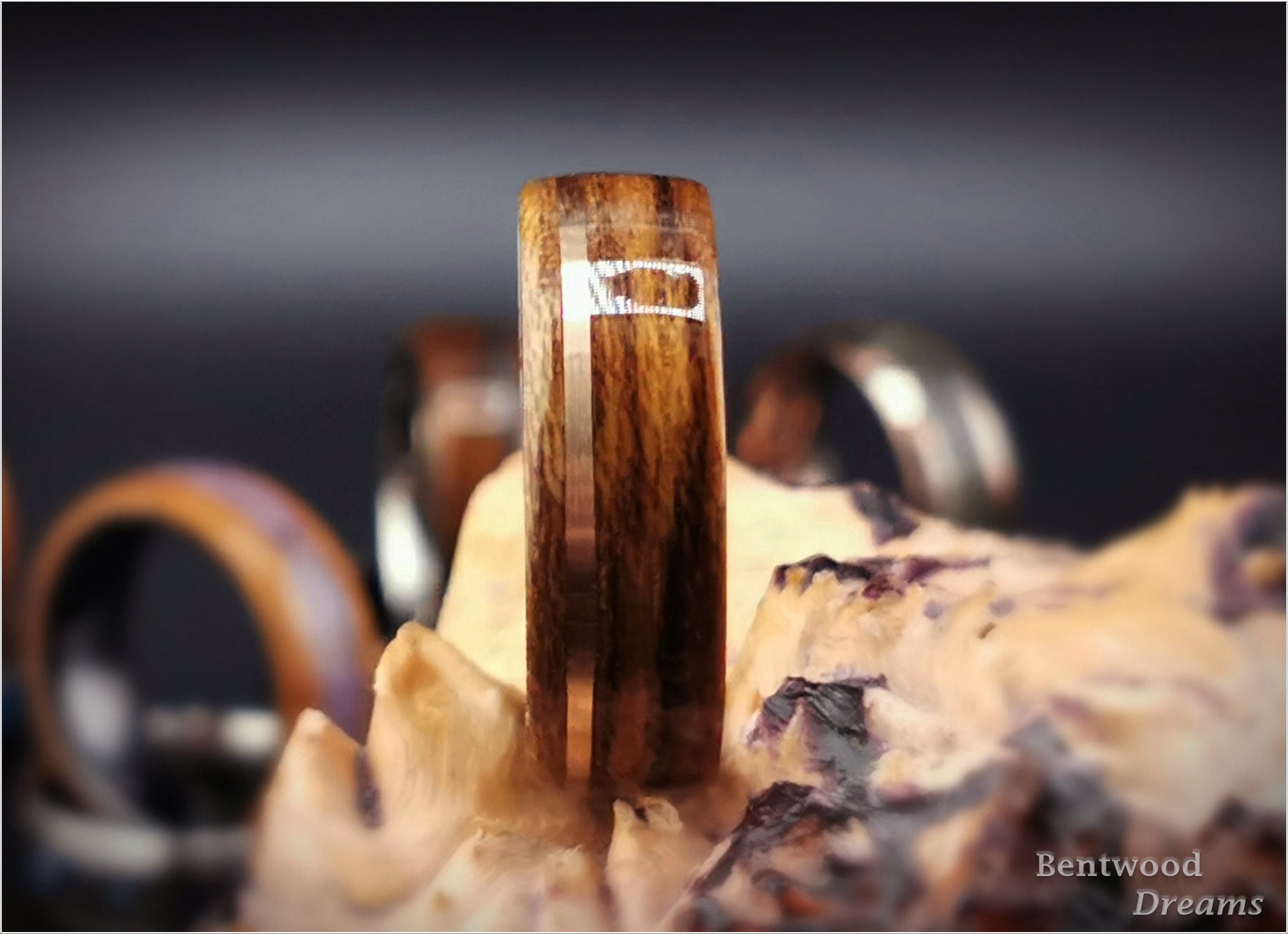Bentwood Ring: Teak, offset inlaid Bronze Wire, Deer Antler core, wood ring
