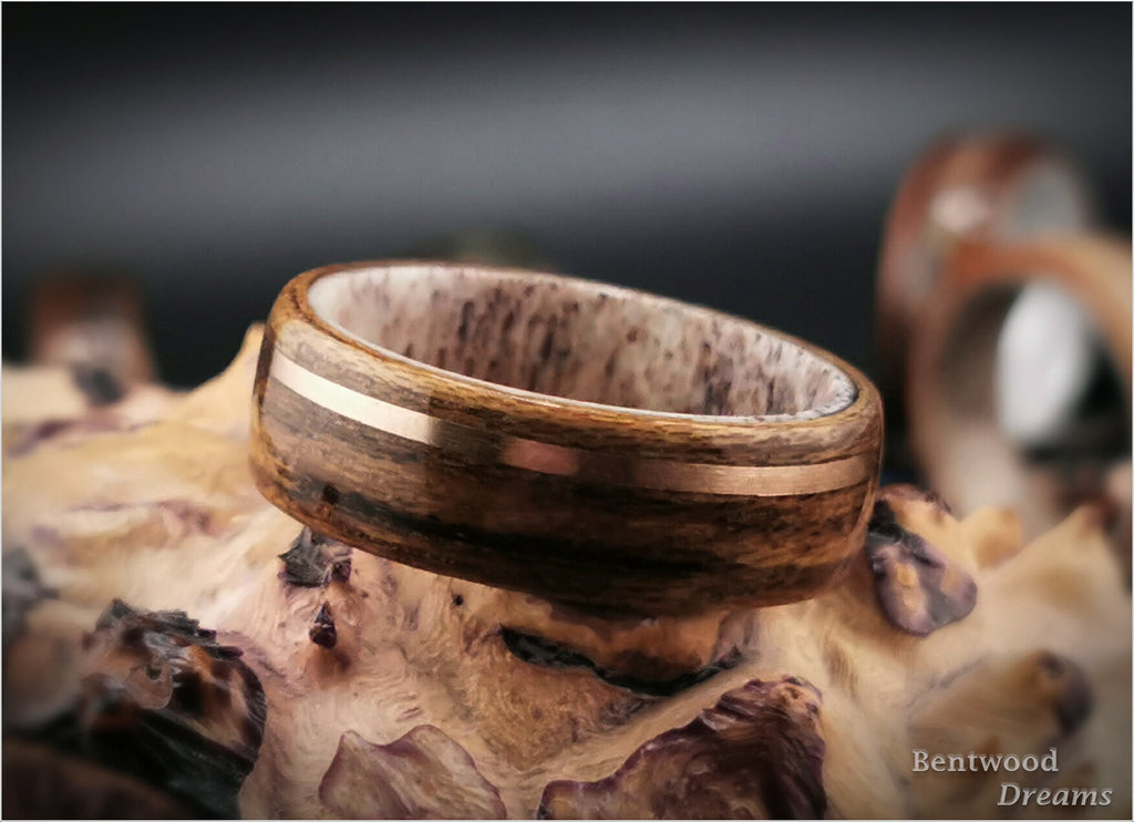 Bentwood Ring: Teak, offset inlaid Bronze Wire, Deer Antler core, wood ring