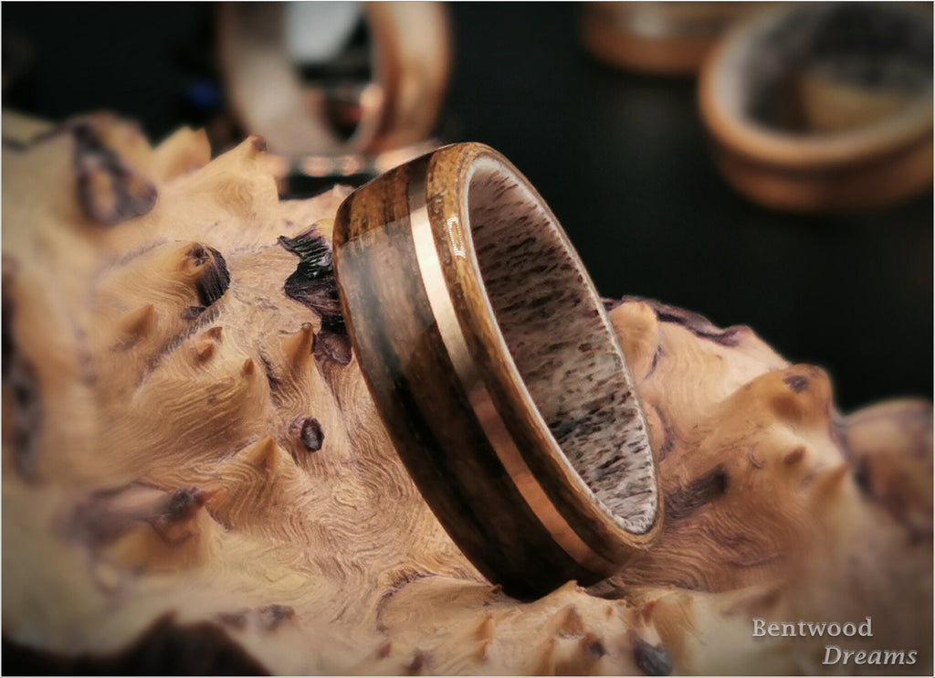 Bentwood Ring: Teak, offset inlaid Bronze Wire, Deer Antler core, wood ring