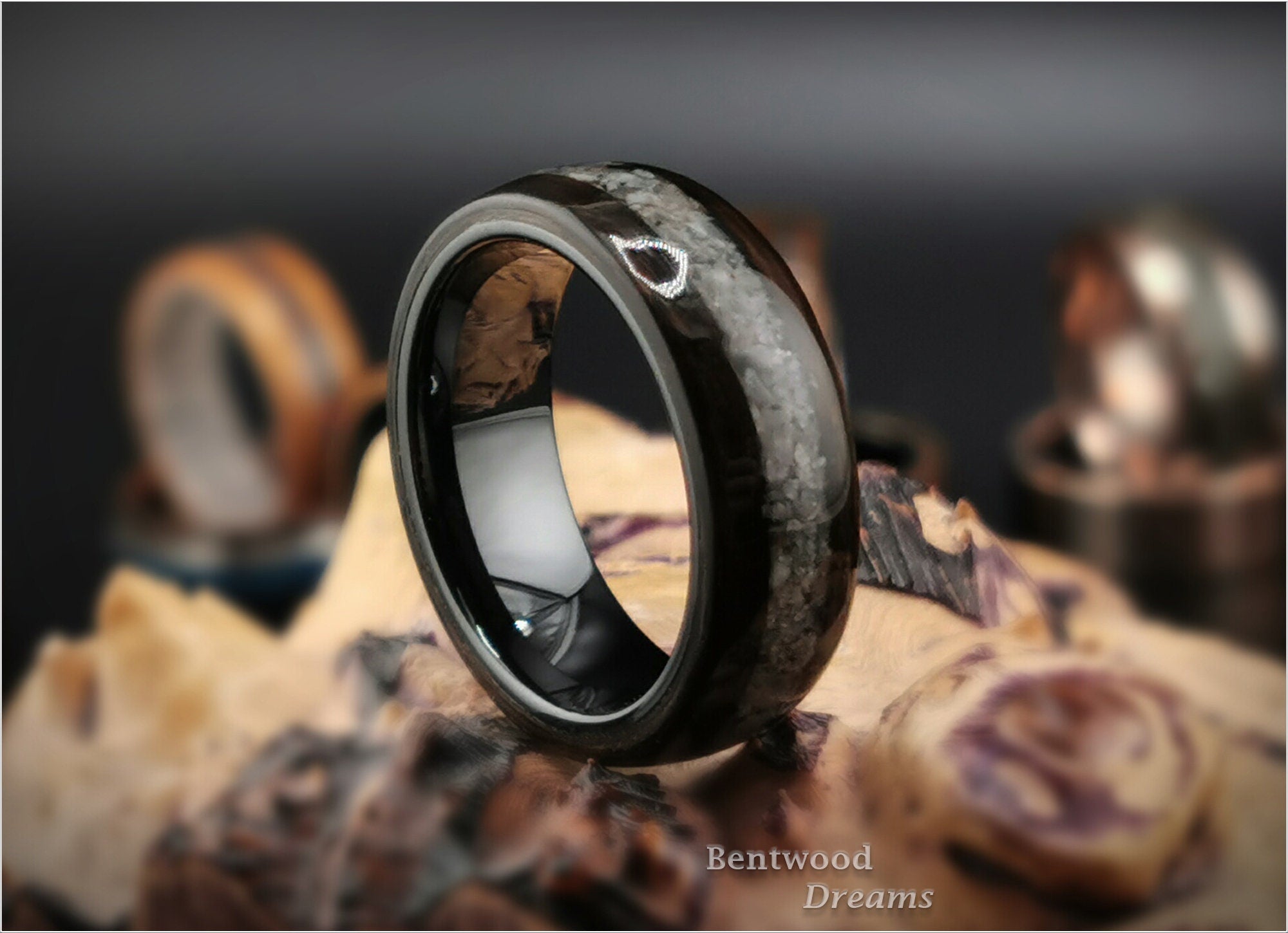 Bentwood Ring: Smoked Eucalyptus, inlaid Yooperlite, polished Black ceramic core, wood ring