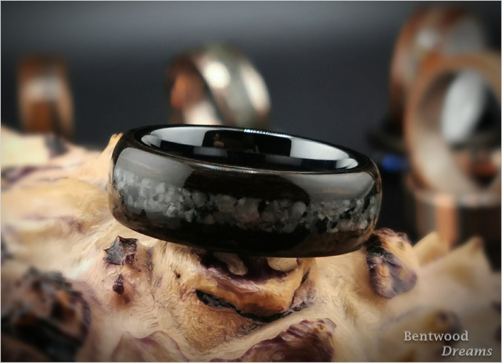 Bentwood Ring: Smoked Eucalyptus, inlaid Yooperlite, polished Black ceramic core, wood ring