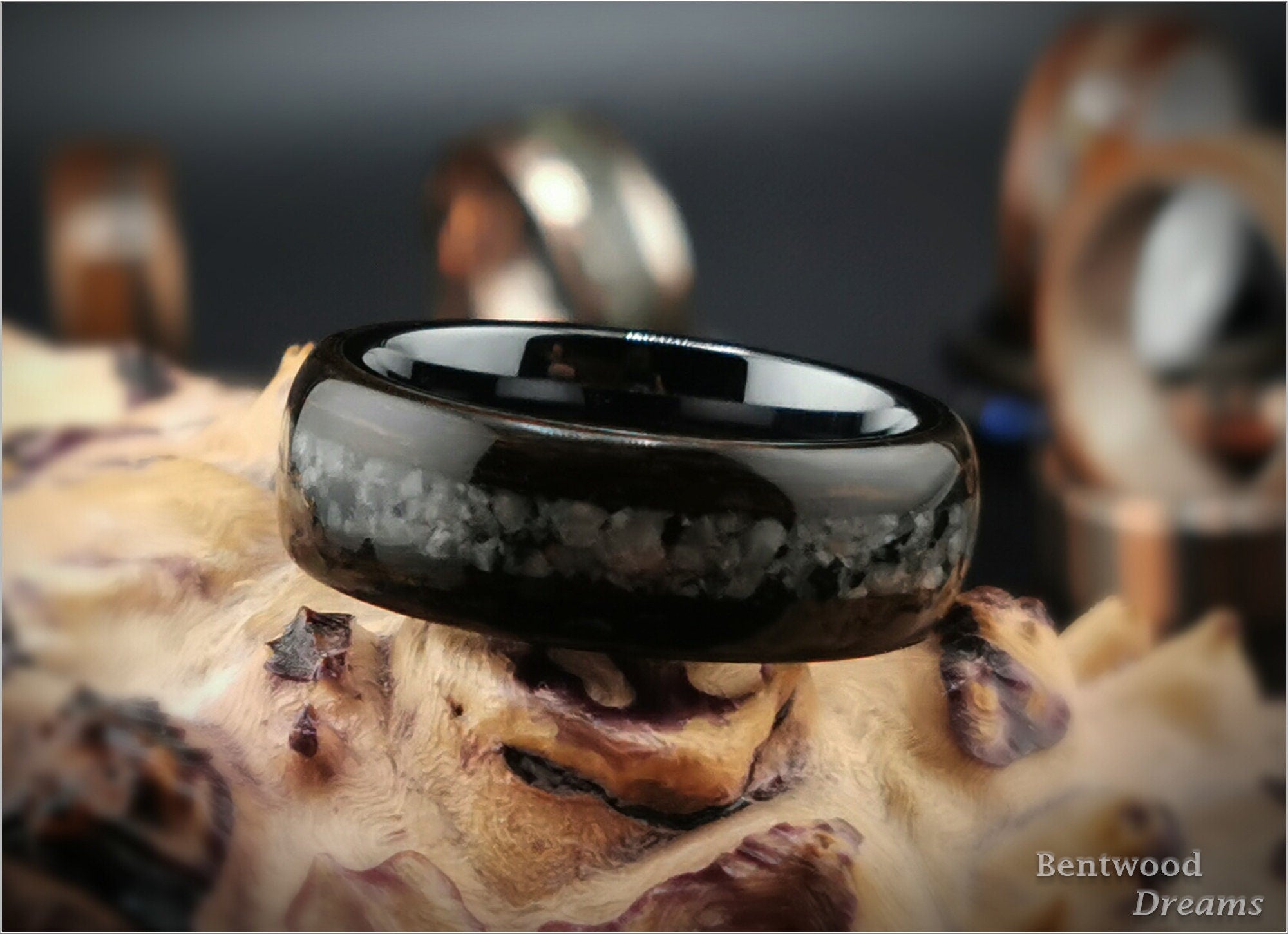 Bentwood Ring: Smoked Eucalyptus, inlaid Yooperlite, polished Black ceramic core, wood ring