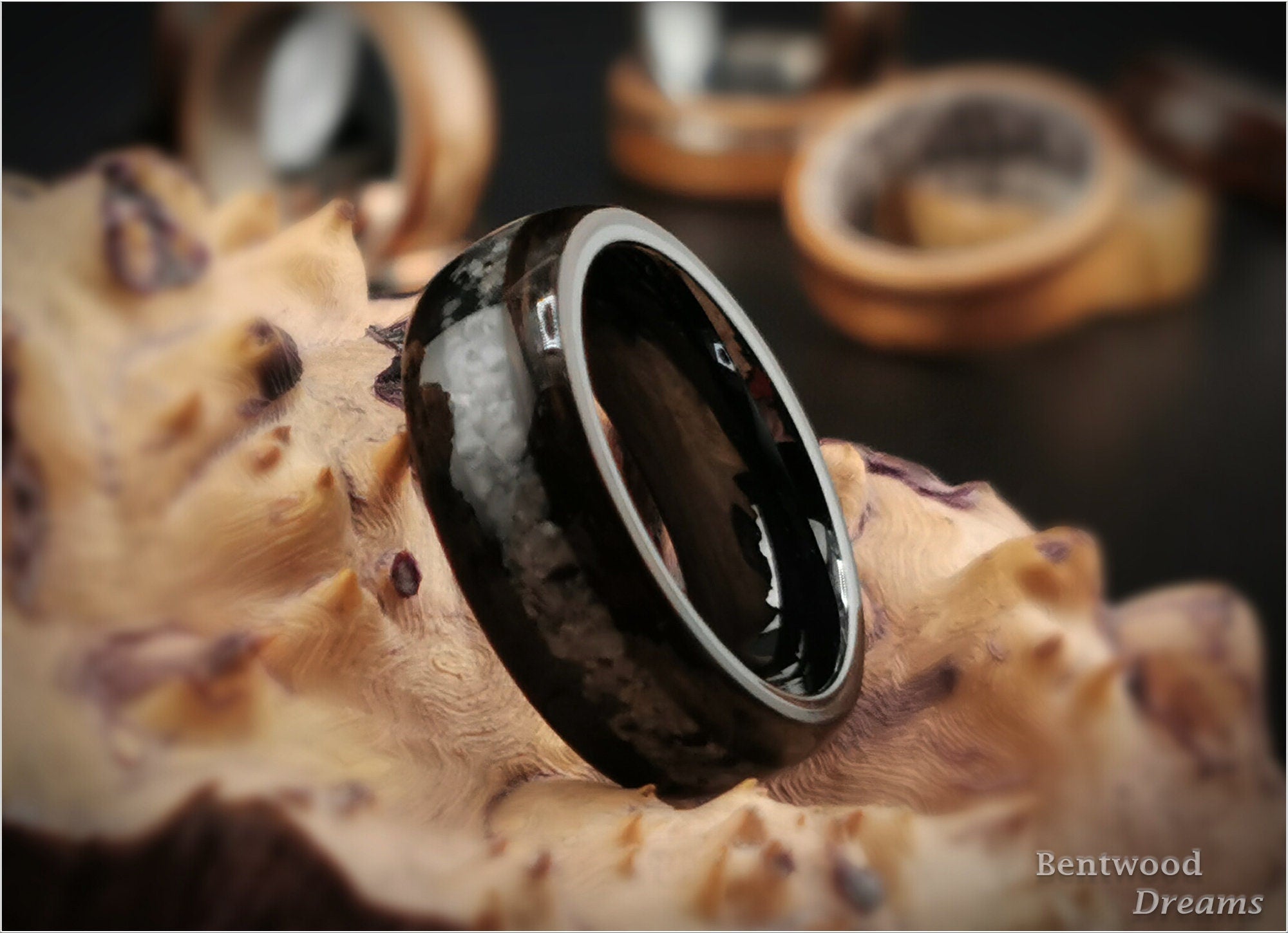 Bentwood Ring: Smoked Eucalyptus, inlaid Yooperlite, polished Black ceramic core, wood ring