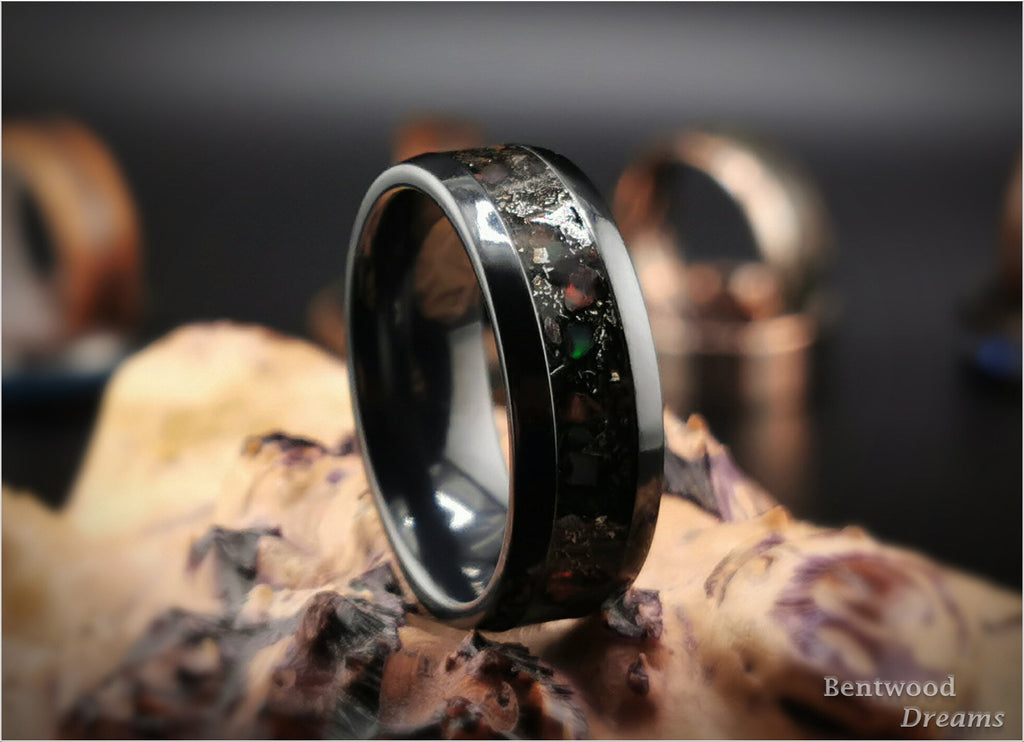Meteorite Zirconium Ring, Dino Bone, Welo Opal Inlay