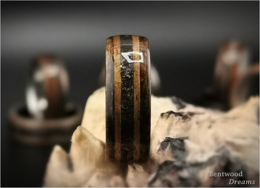 Bentwood Ring: Bocote, inlaid Hawaiian Koa and Canyon Diablo Meteorite, White Tungsten core