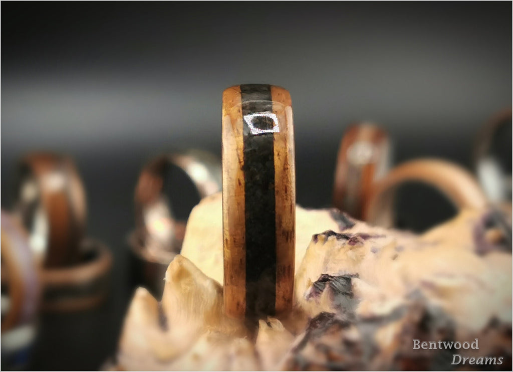 Bentwood Ring: Hawaiian Golden Koa, inlaid Icelandic Lava, Carbon Fiber core, wood ring