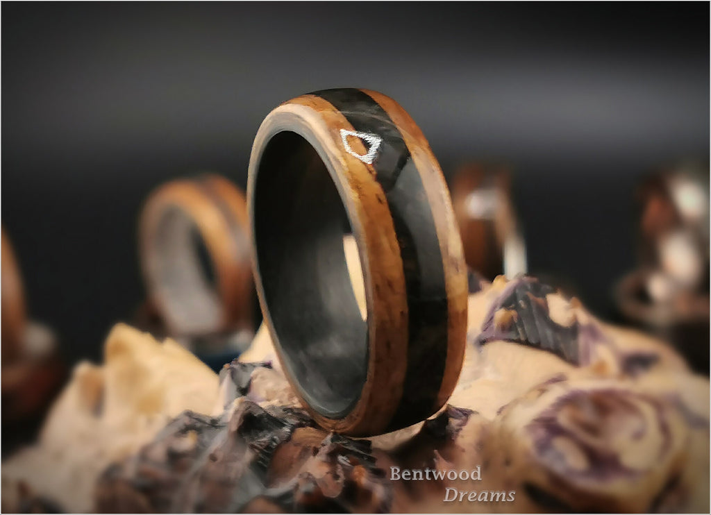 Bentwood Ring: Hawaiian Golden Koa, inlaid Icelandic Lava, Carbon Fiber core, wood ring