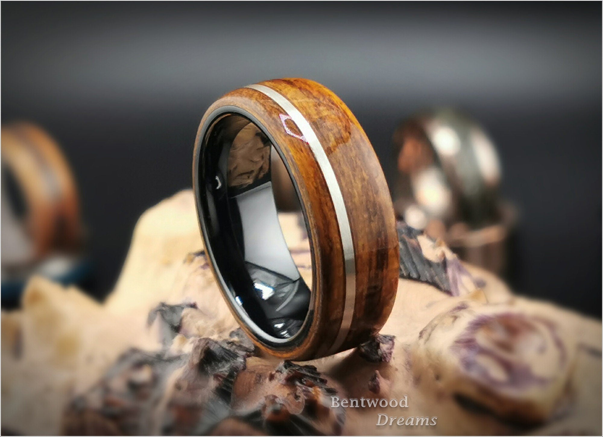 Bentwood Ring: Ako, inlaid offset Sterling Silver wire, Polished Black Ceramic core, wood ring