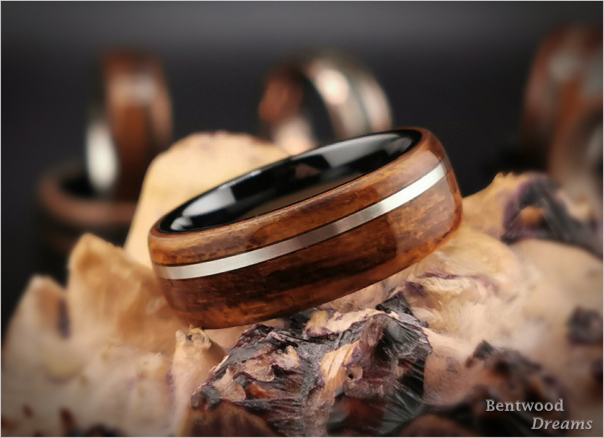 Bentwood Ring: Ako, inlaid offset Sterling Silver wire, Polished Black Ceramic core, wood ring