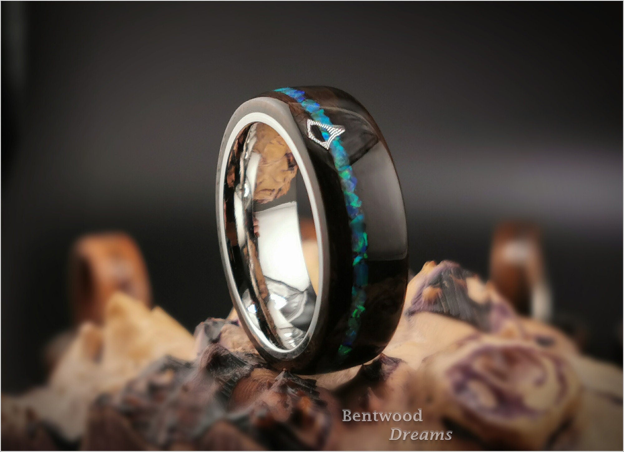 Bentwood Ring: Ziricote, offset Lab Opal, Polished Cobalt Chrome core, wood ring