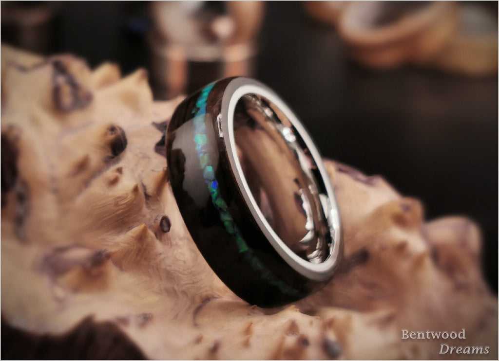Bentwood Ring: Ziricote, offset Lab Opal, Polished Cobalt Chrome core, wood ring