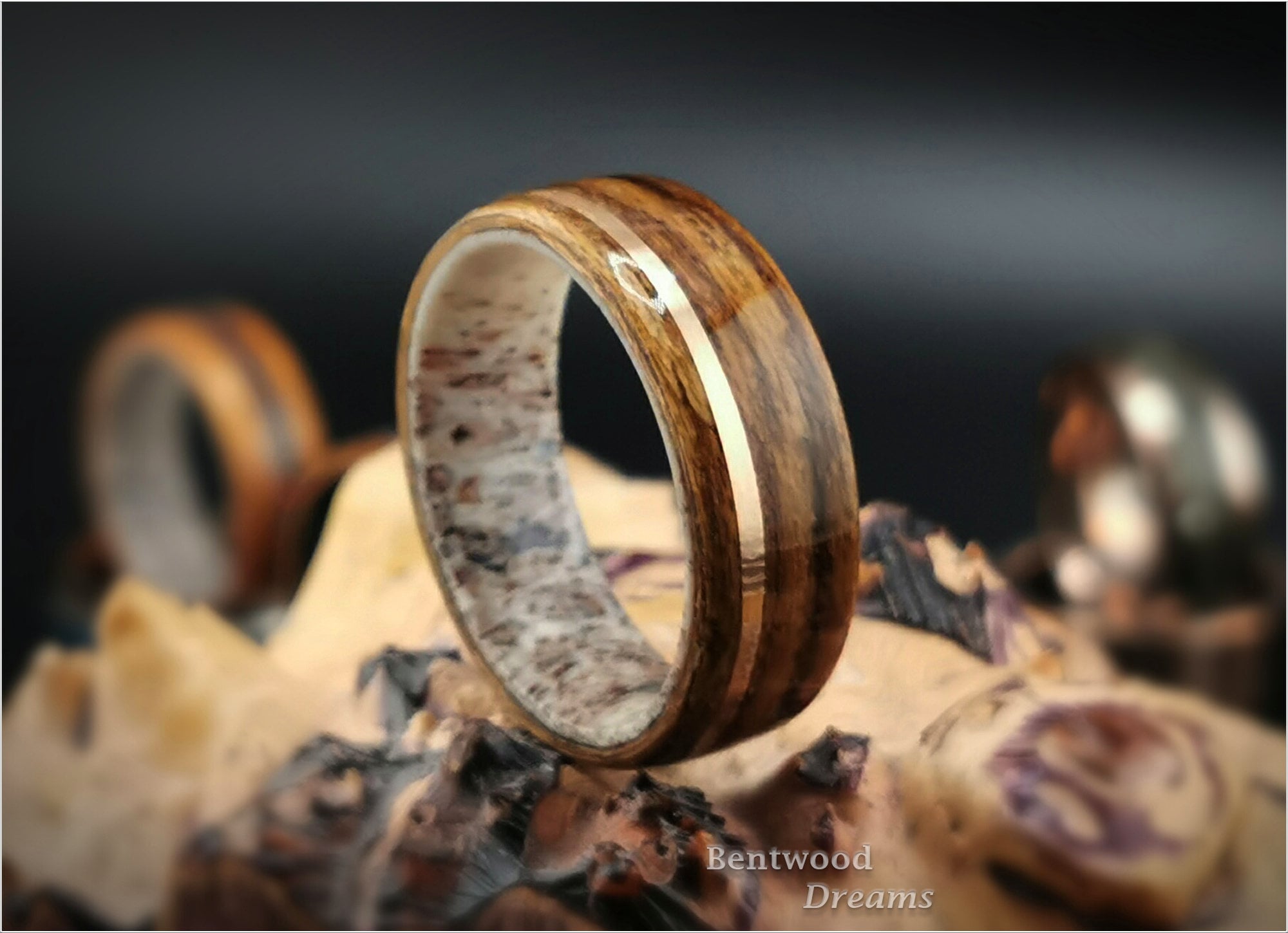 Bentwood Ring: Teak, offset inlaid Bronze Wire, Deer Antler core, wood ring