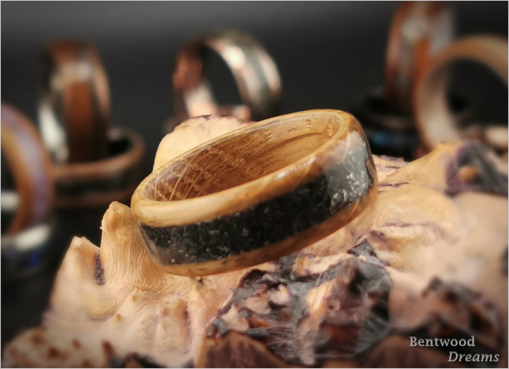 Bentwood Ring: Whisky Barrel, inlaid Odessa Meteorite, wood ring