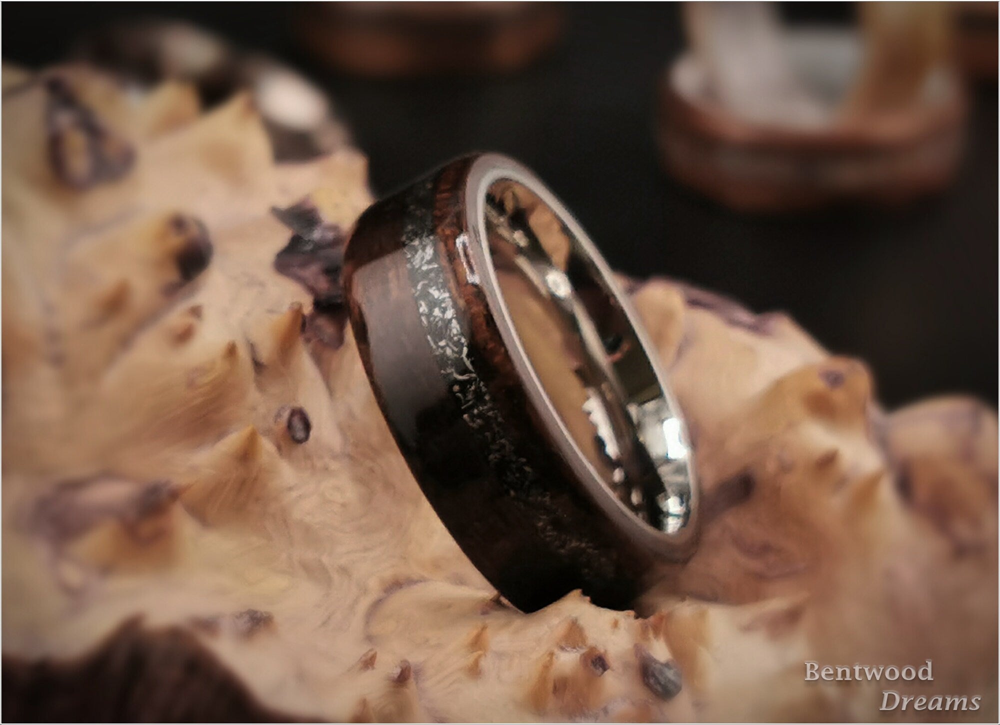 Bentwood Ring: Smoked Etimoe, offset Canyon Diablo, Titanium core, wood ring