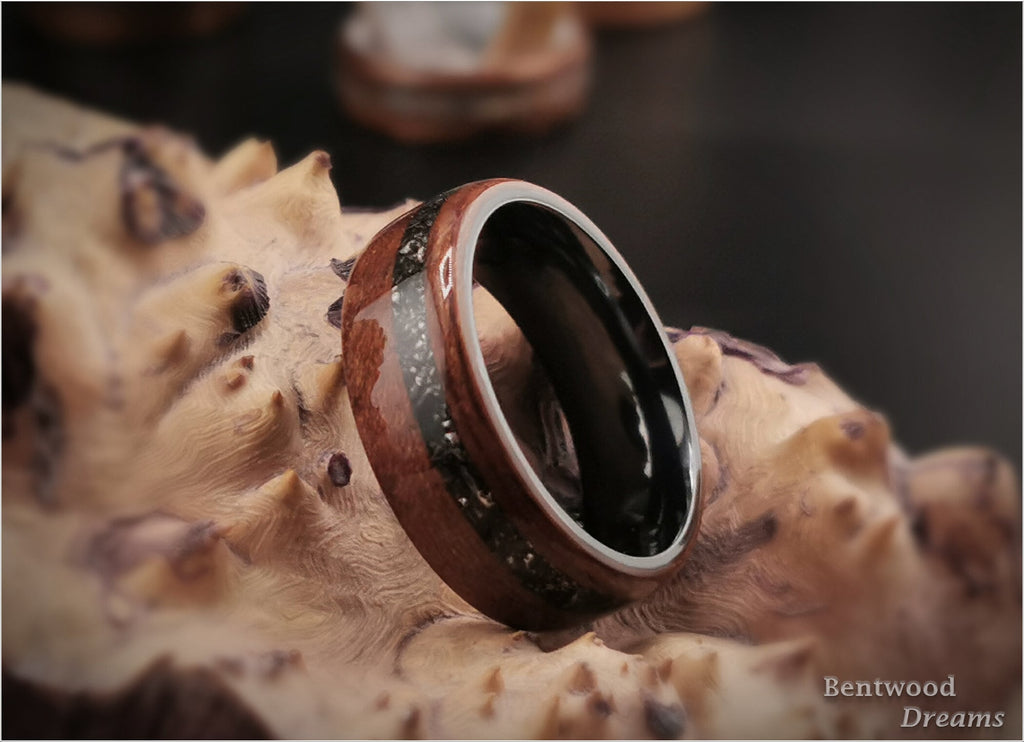Bentwood Ring: Tiama, offset inlaid Campo del Cielo Meteorite, Polished Black Zirconium core