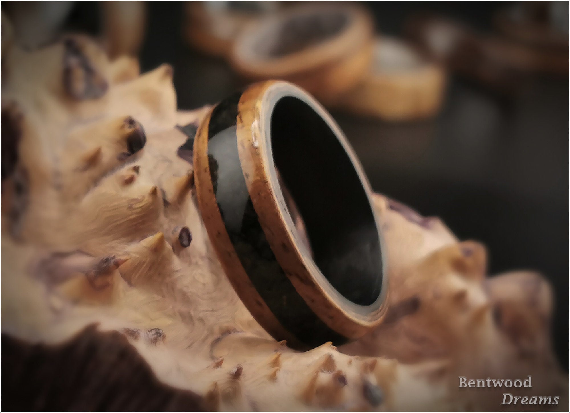 Bentwood Ring: Hawaiian Golden Koa, inlaid Icelandic Lava, Carbon Fiber core, wood ring