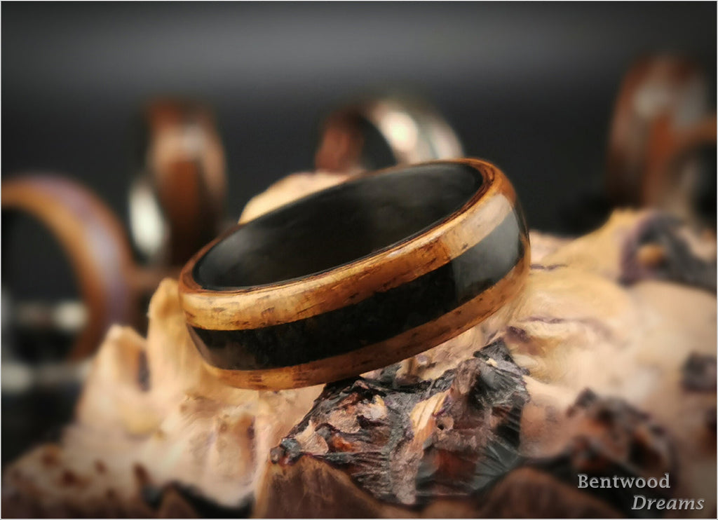 Bentwood Ring: Hawaiian Golden Koa, inlaid Icelandic Lava, Carbon Fiber core, wood ring