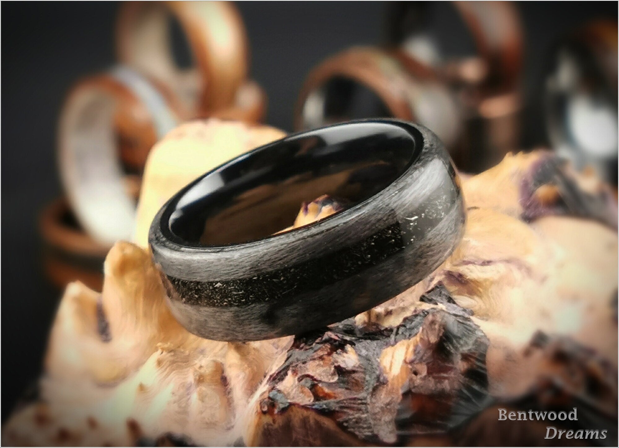Bentwood Ring: Grey Maple, offset inlaid Muonionalusta Meteorite, Black Zirconium core