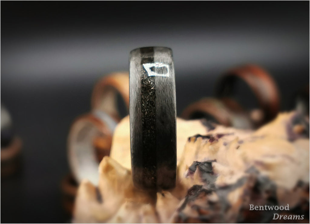 Bentwood Ring: Grey Maple, offset inlaid Muonionalusta Meteorite, Black Zirconium core
