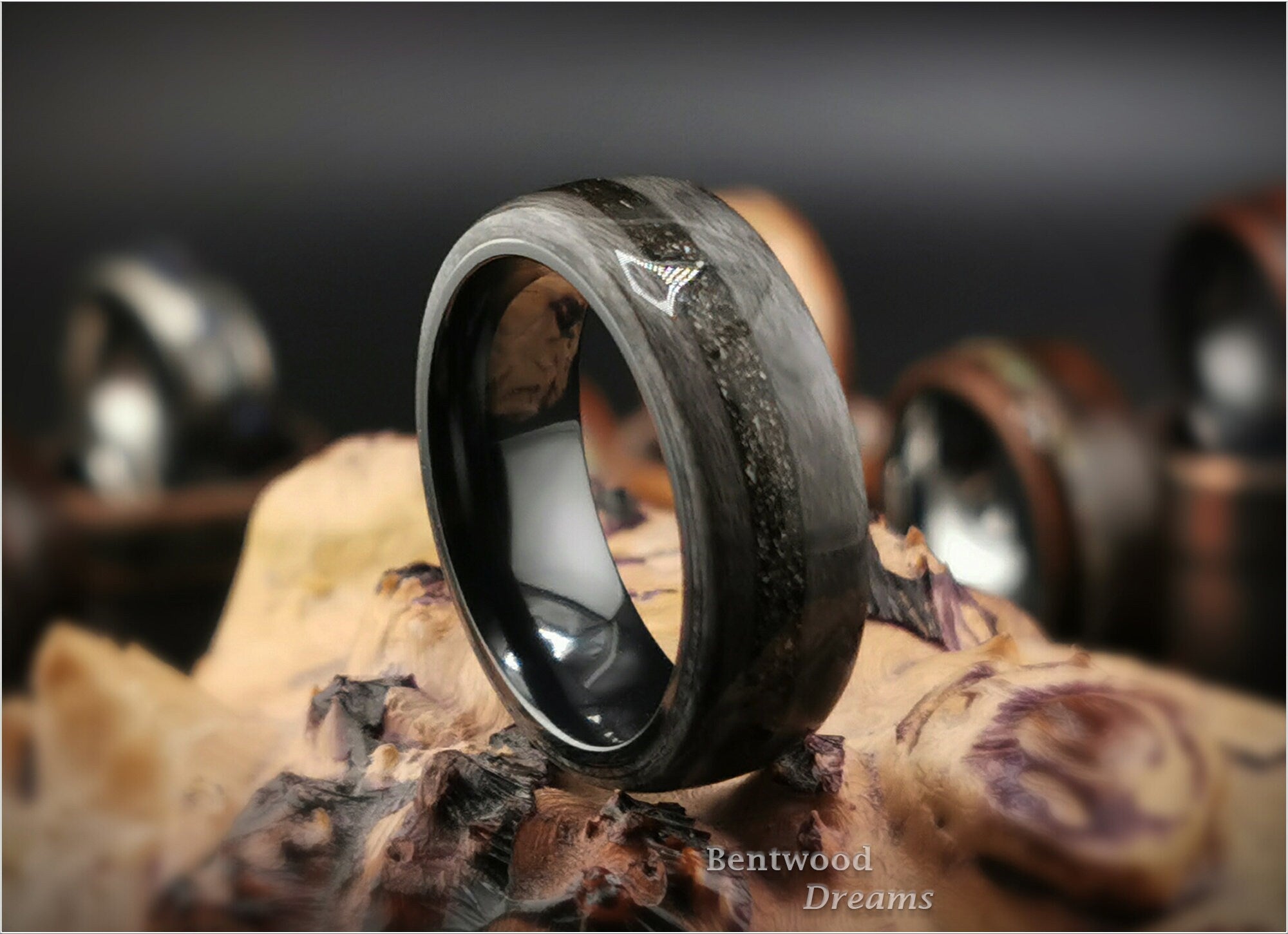 Bentwood Ring: Grey Maple, offset inlaid Muonionalusta Meteorite, Black Zirconium core