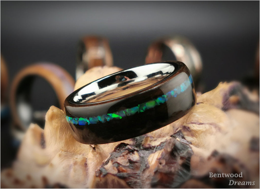 Bentwood Ring: Ziricote, offset Lab Opal, Polished Cobalt Chrome core, wood ring