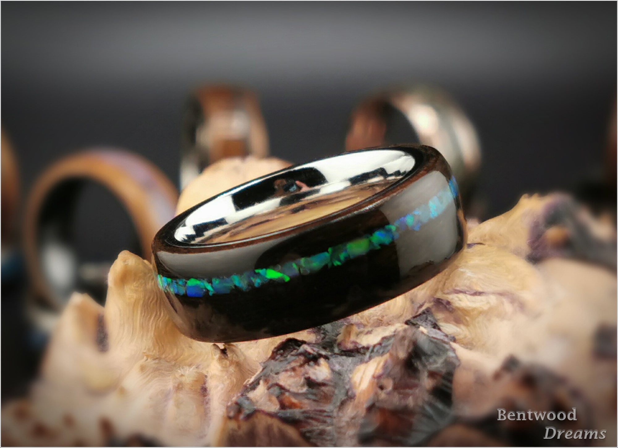Bentwood Ring: Ziricote, offset Lab Opal, Polished Cobalt Chrome core, wood ring