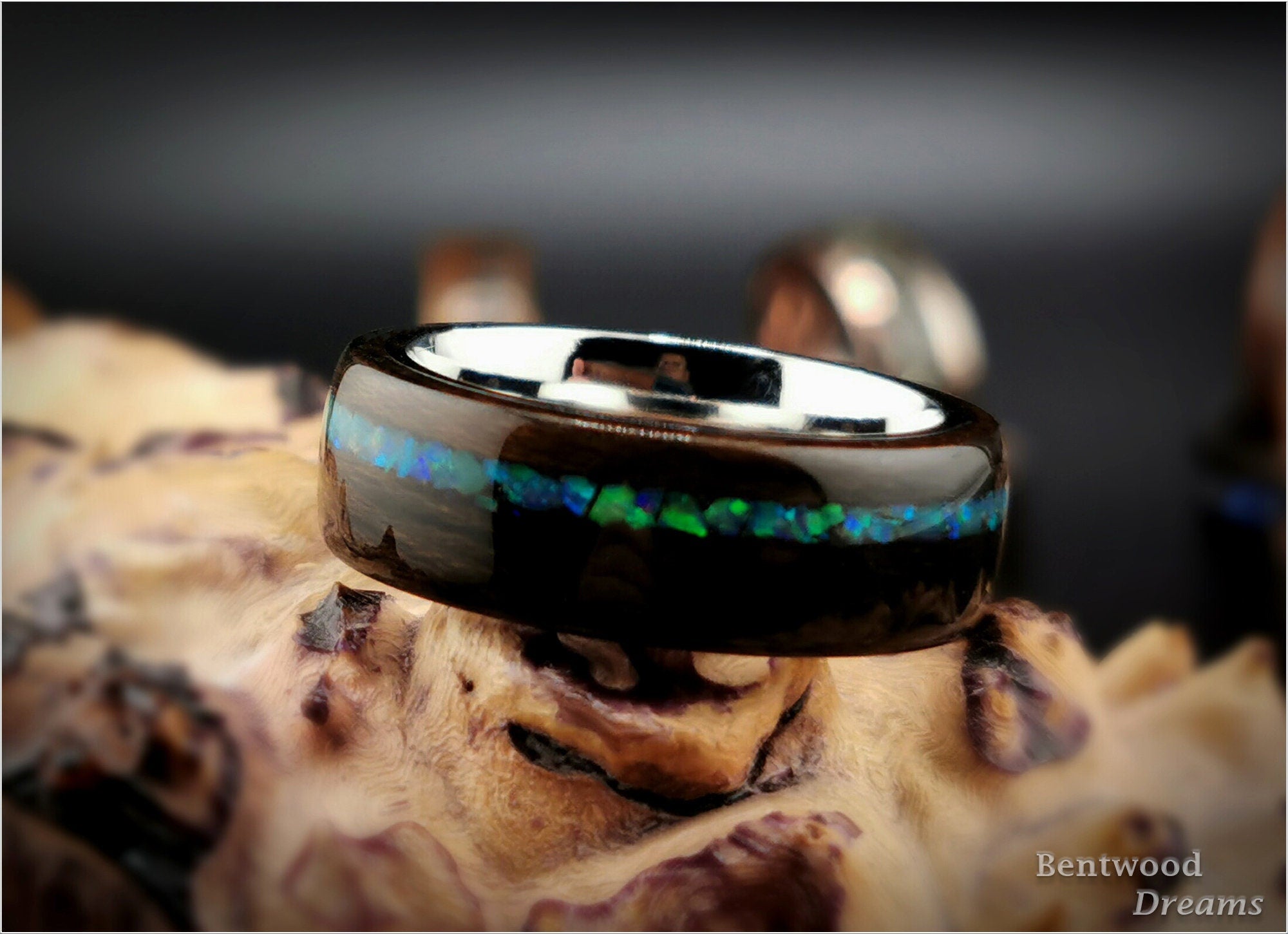 Bentwood Ring: Ziricote, offset Lab Opal, Polished Cobalt Chrome core, wood ring