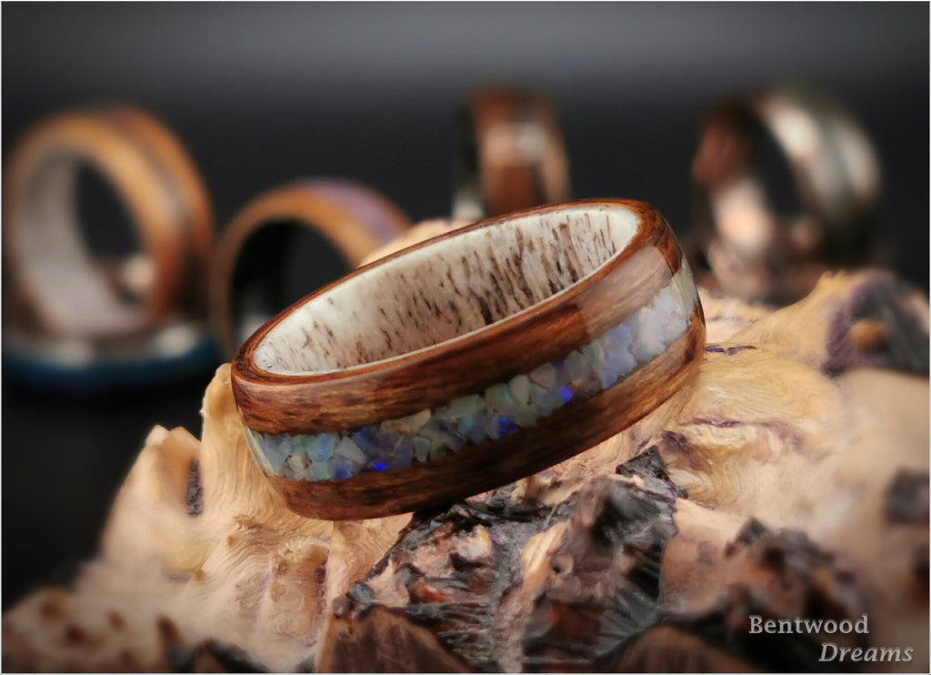 Bentwood Ring: Mangowood, inlaid Genuine Australian Cream Opal, Deer Antler core - wood ring