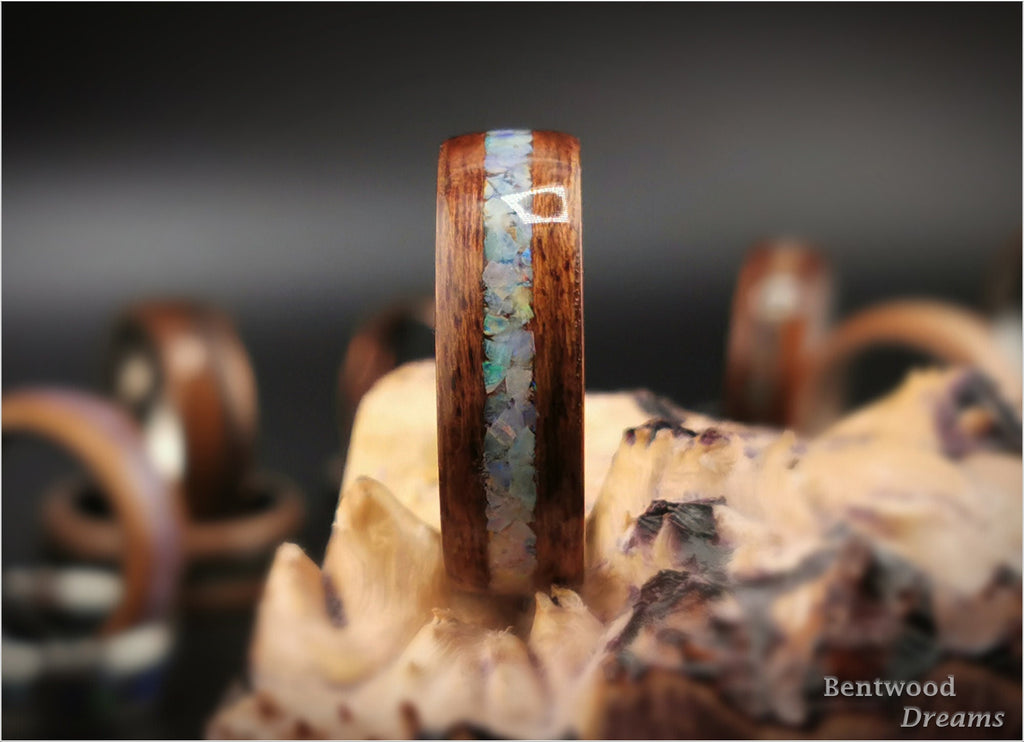 Bentwood Ring: Mangowood, inlaid Genuine Australian Cream Opal, Deer Antler core - wood ring