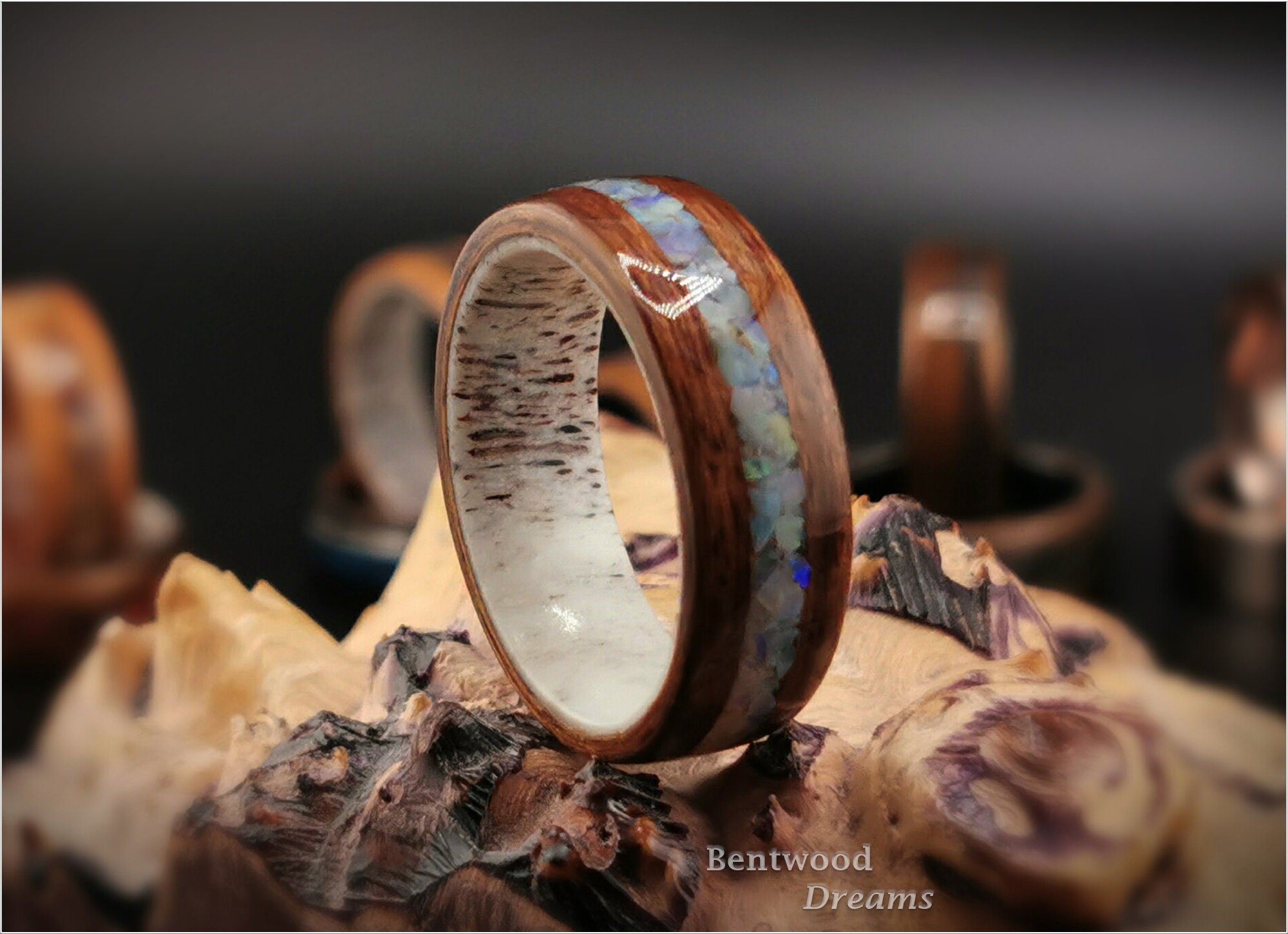 Bentwood Ring: Mangowood, inlaid Genuine Australian Cream Opal, Deer Antler core - wood ring