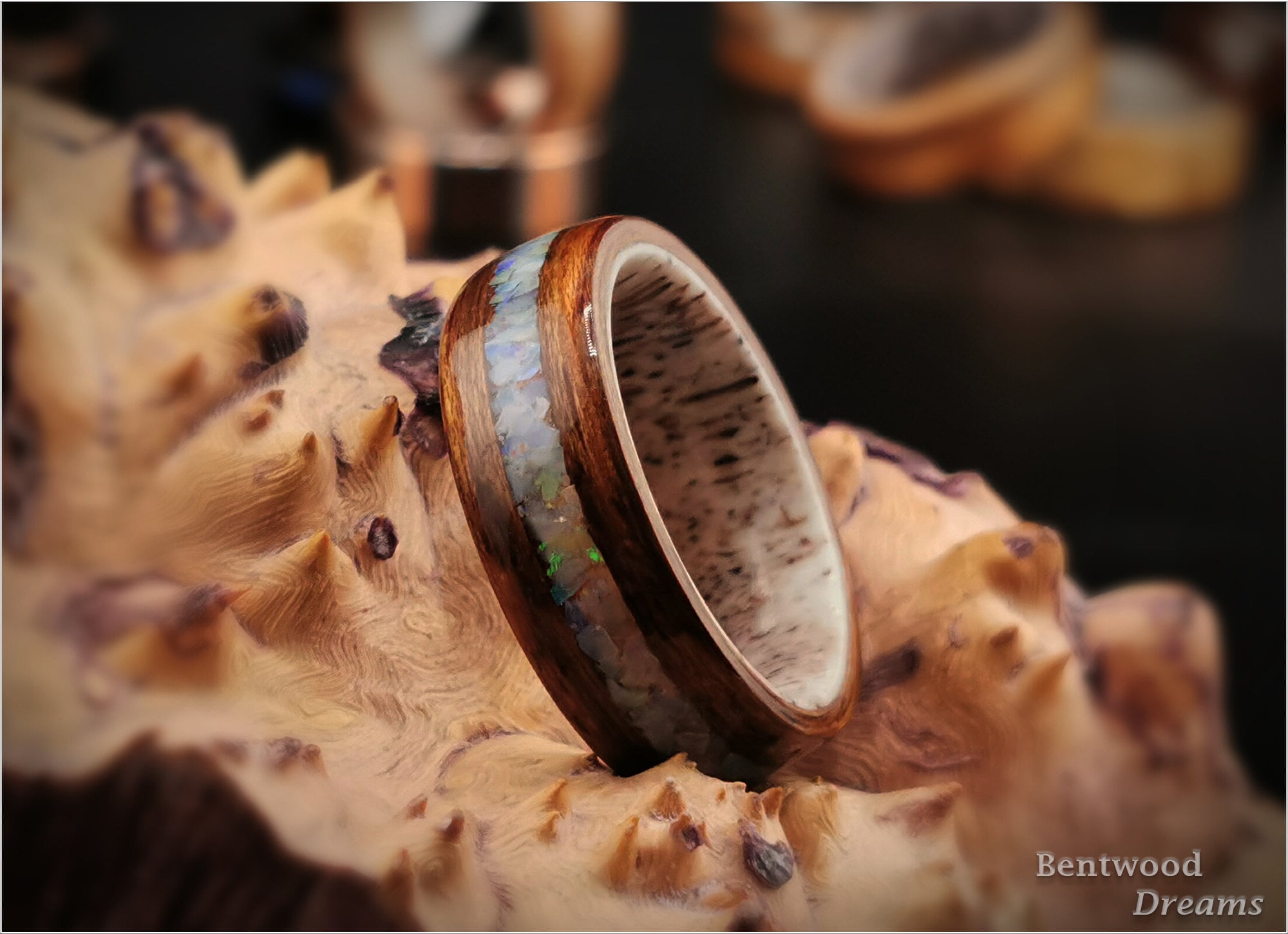 Bentwood Ring: Mangowood, inlaid Genuine Australian Cream Opal, Deer Antler core - wood ring