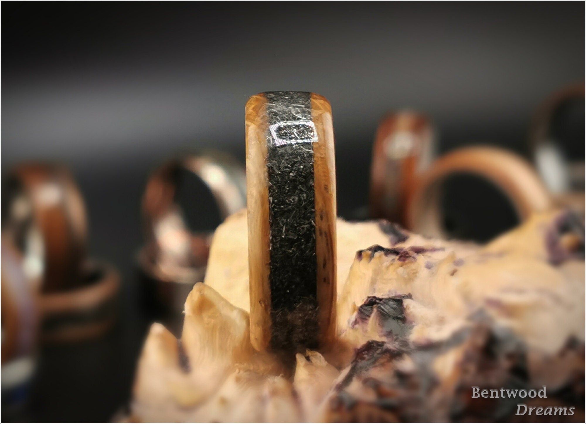 Bentwood Ring: Whisky Barrel, inlaid Odessa Meteorite, wood ring