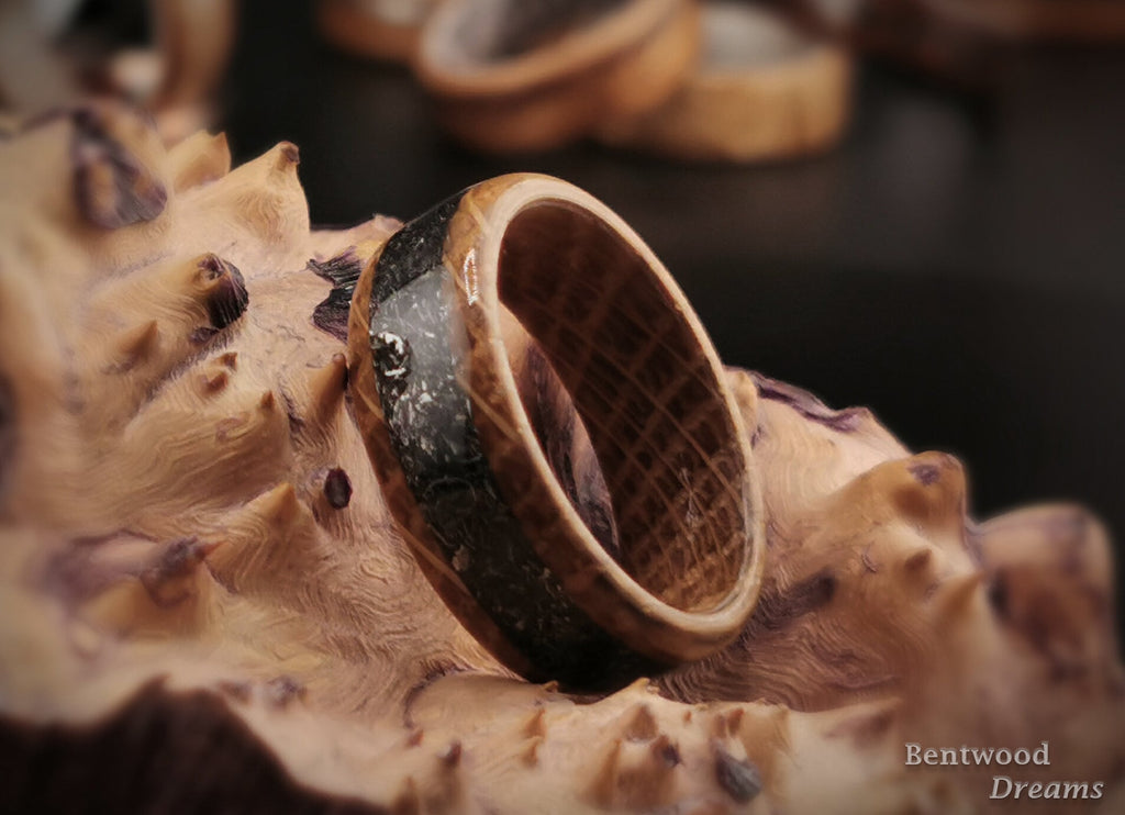 Bentwood Ring: Whisky Barrel, inlaid Odessa Meteorite, wood ring