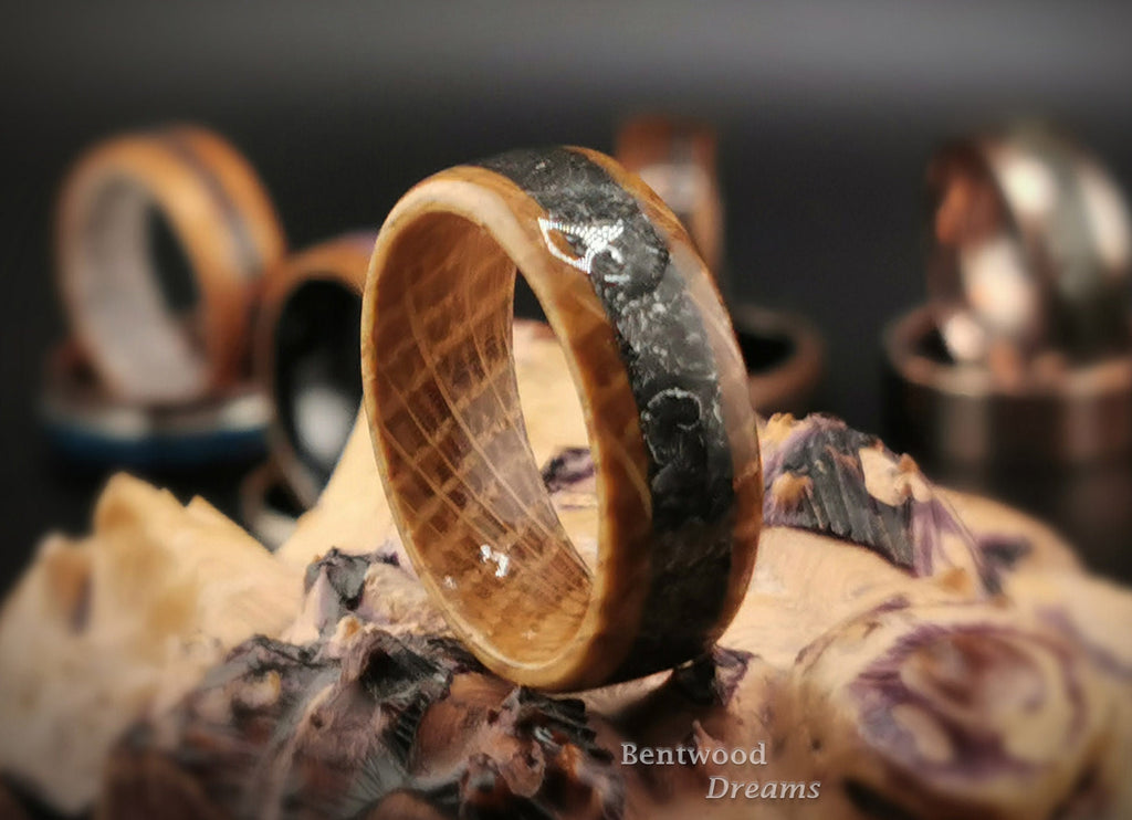 Bentwood Ring: Whisky Barrel, inlaid Odessa Meteorite, wood ring