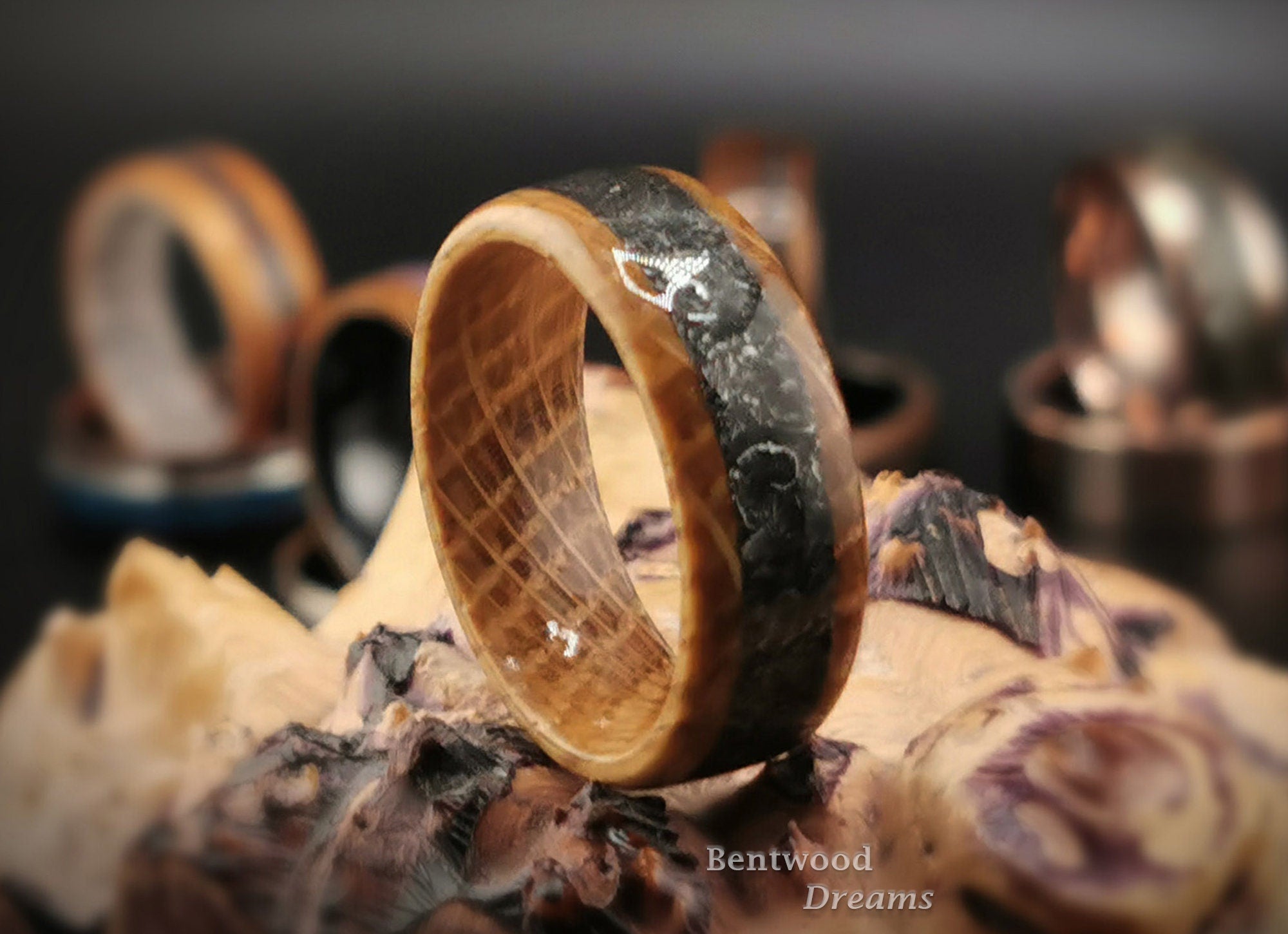 Bentwood Ring: Whisky Barrel, inlaid Odessa Meteorite, wood ring