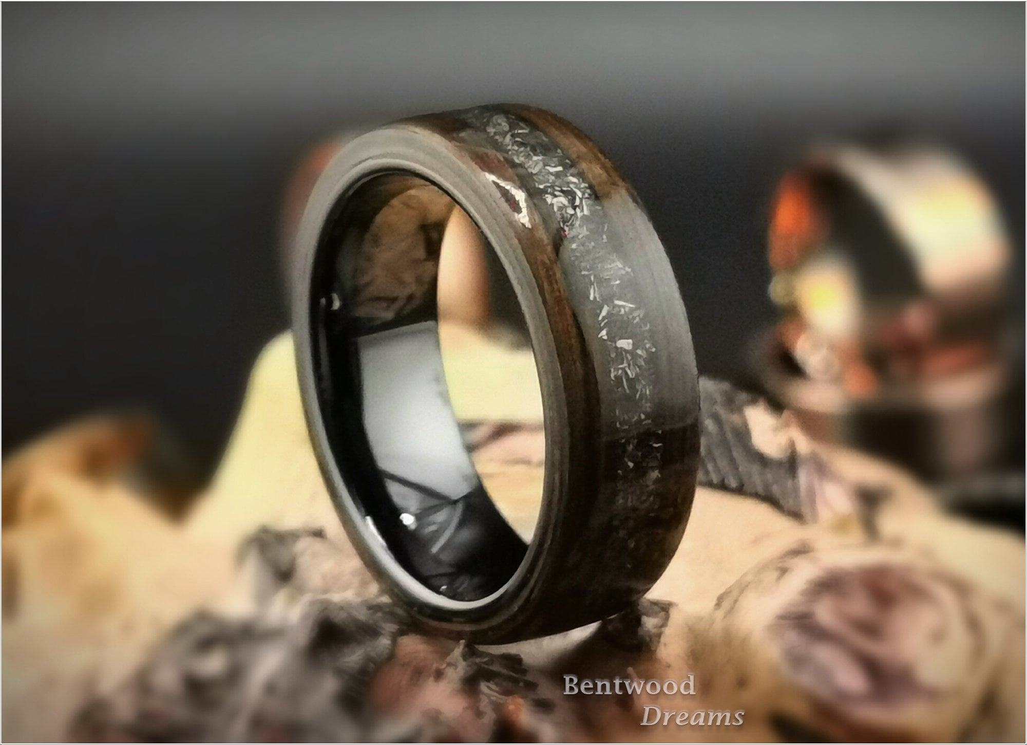 Bog Oak Bentwood Ring: Campo Cielo Meteorite Inlay, Black Ceramic Core