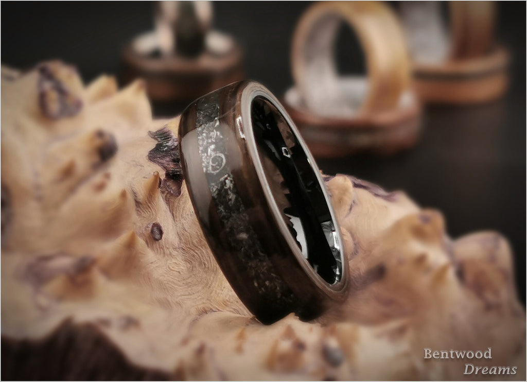 Bog Oak Bentwood Ring: Campo Cielo Meteorite Inlay, Black Ceramic Core