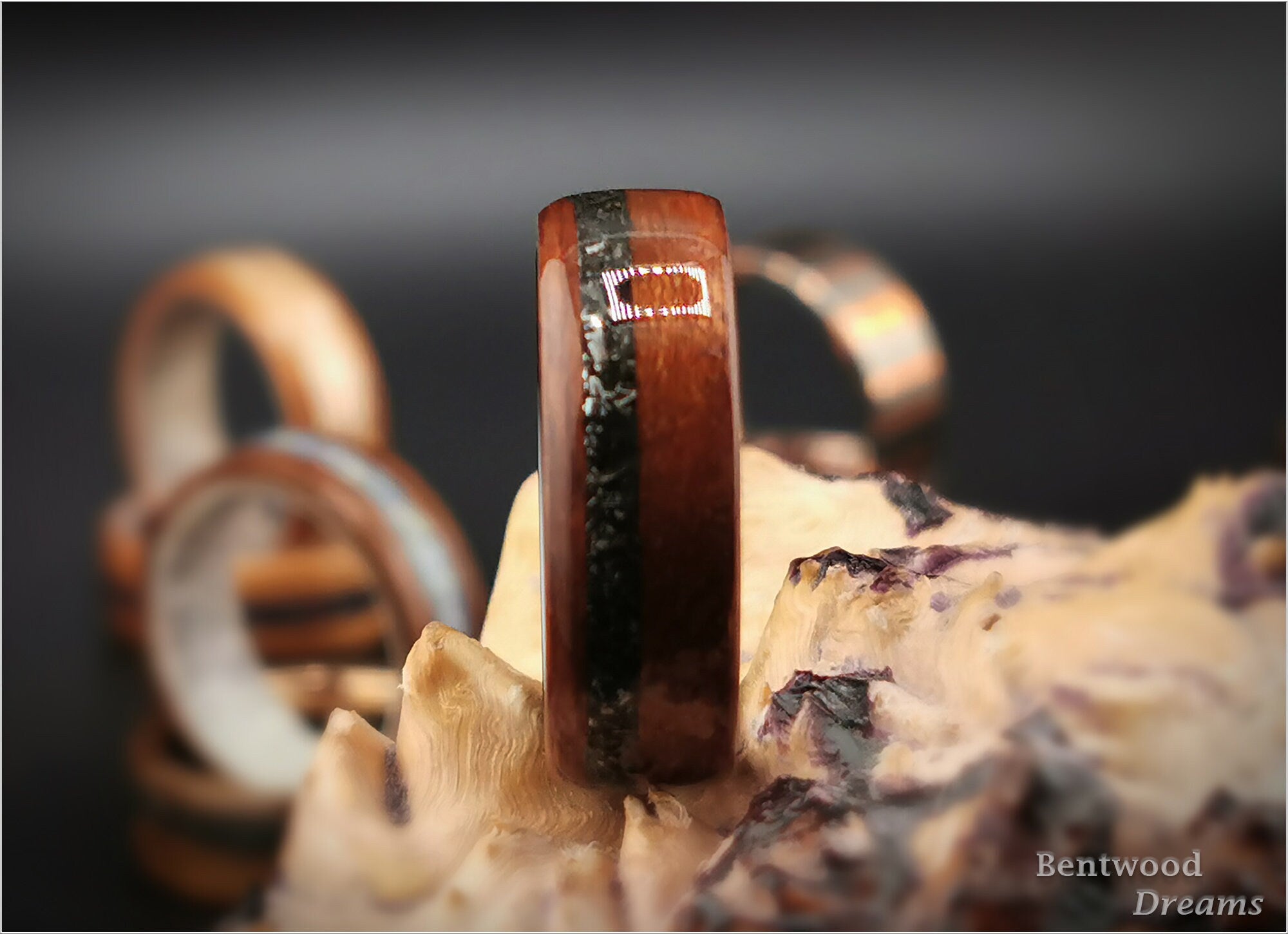 Bentwood Ring: Tiama, offset inlaid Campo del Cielo Meteorite, Polished Black Zirconium core