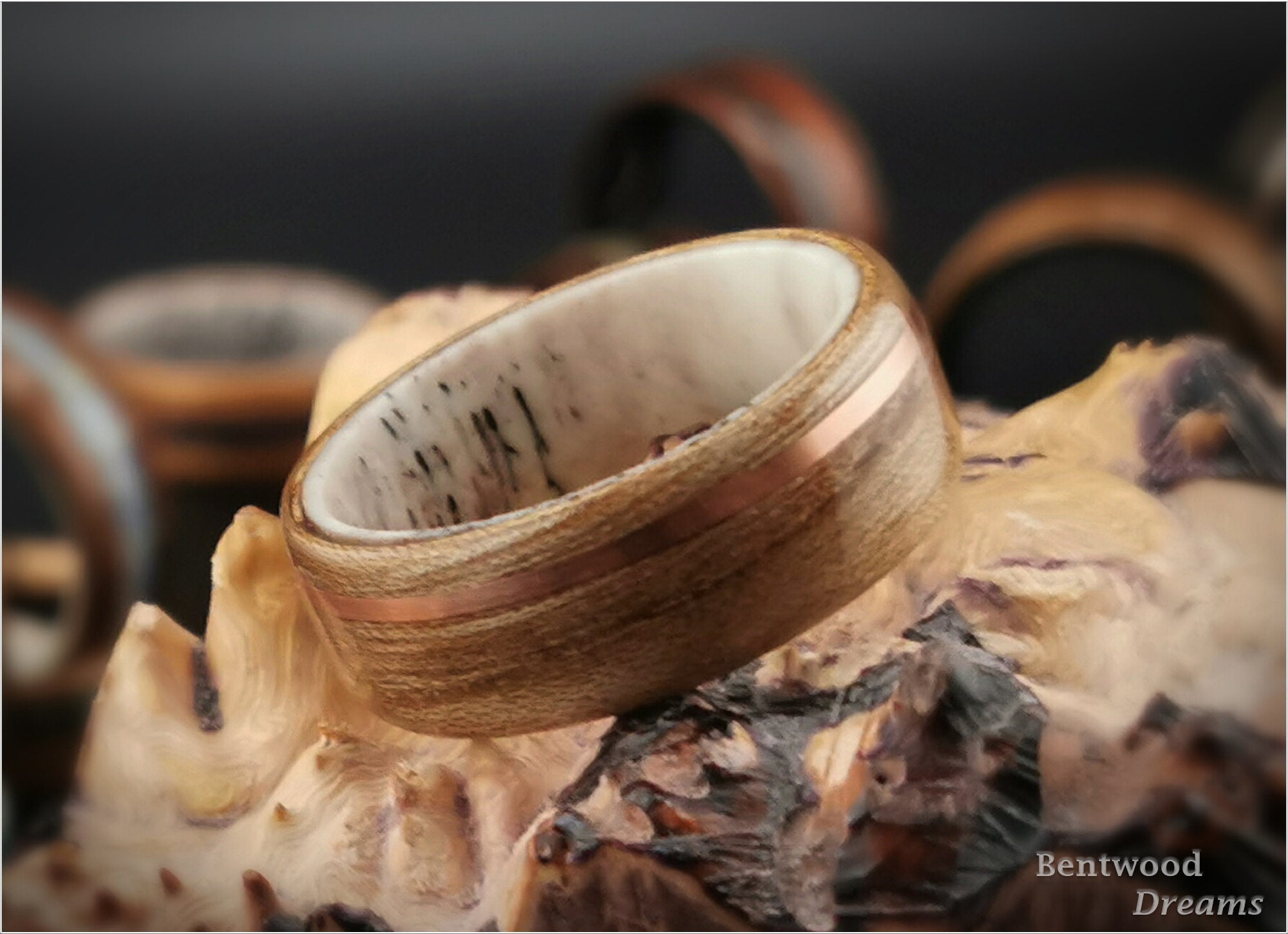 Bentwood Ring: Elm, offset inlaid Copper Wire, Deer Antler core