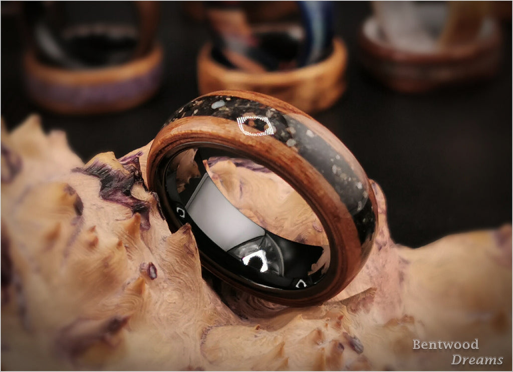 Bentwood Ring: Moabi, inlaid Fuertaventura Volcanic Sand , Polished Black Ceramic core, wood ring