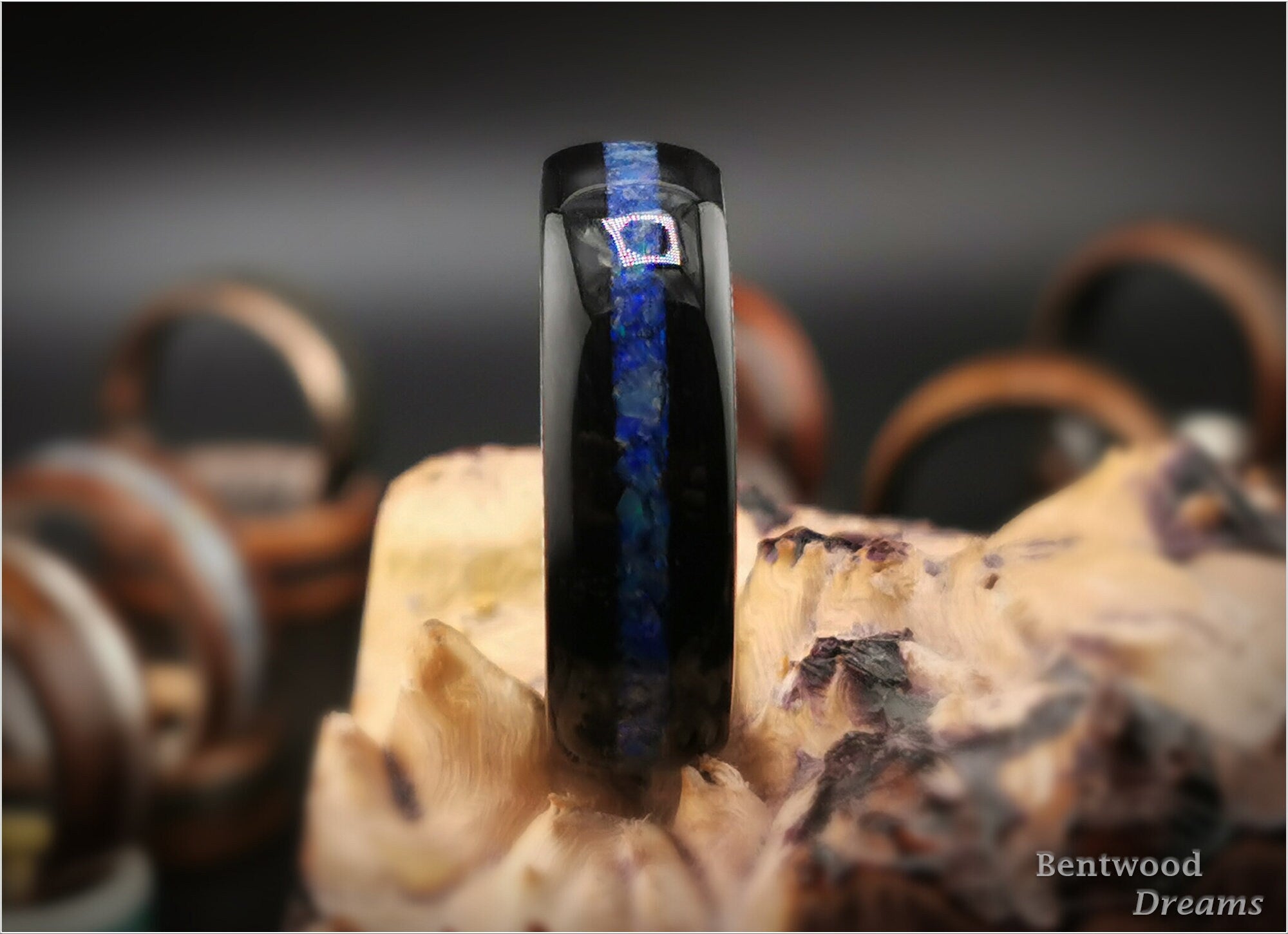 Bentwood Ring: Black Birdseye Maple, inlaid Australian Coober Pedy Opal, Damascus Steel core