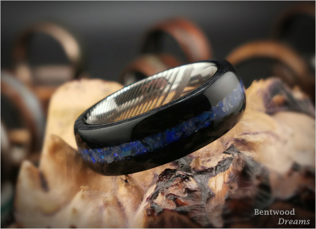Bentwood Ring: Black Birdseye Maple, inlaid Australian Coober Pedy Opal, Damascus Steel core
