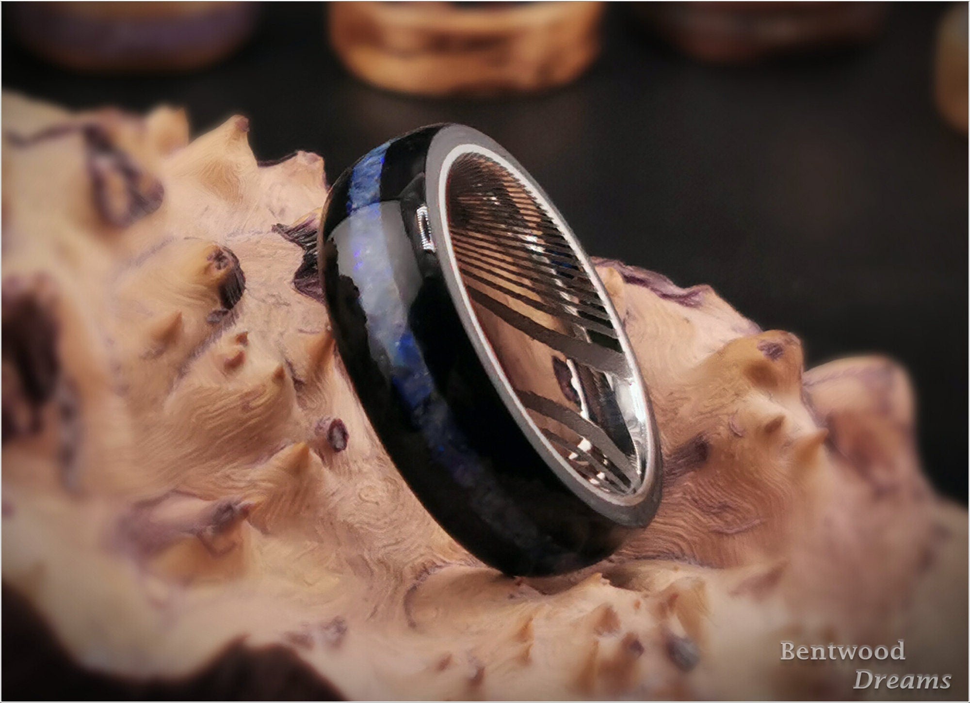Bentwood Ring: Black Birdseye Maple, inlaid Australian Coober Pedy Opal, Damascus Steel core