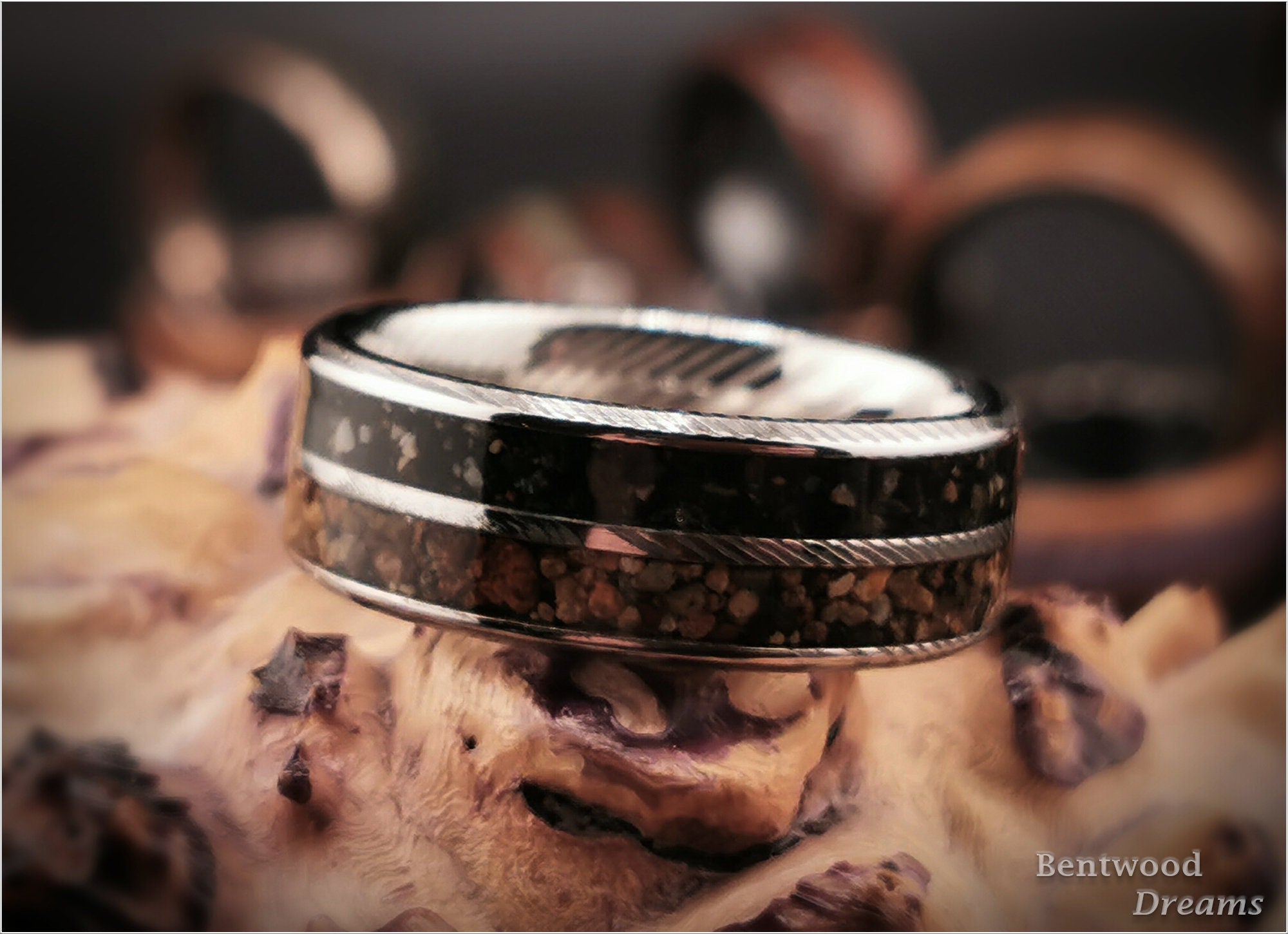 Damascus Steel Ring, dual inlaid Exotic Sands, metal ring
